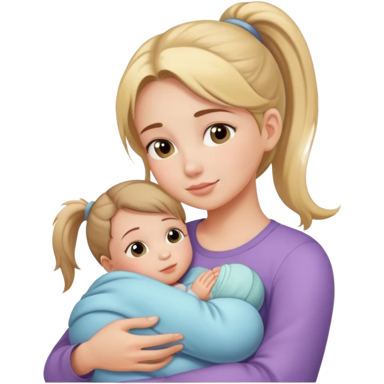 Girl with ponytail gently hugging a newborn baby and a young girl, family moment emoji