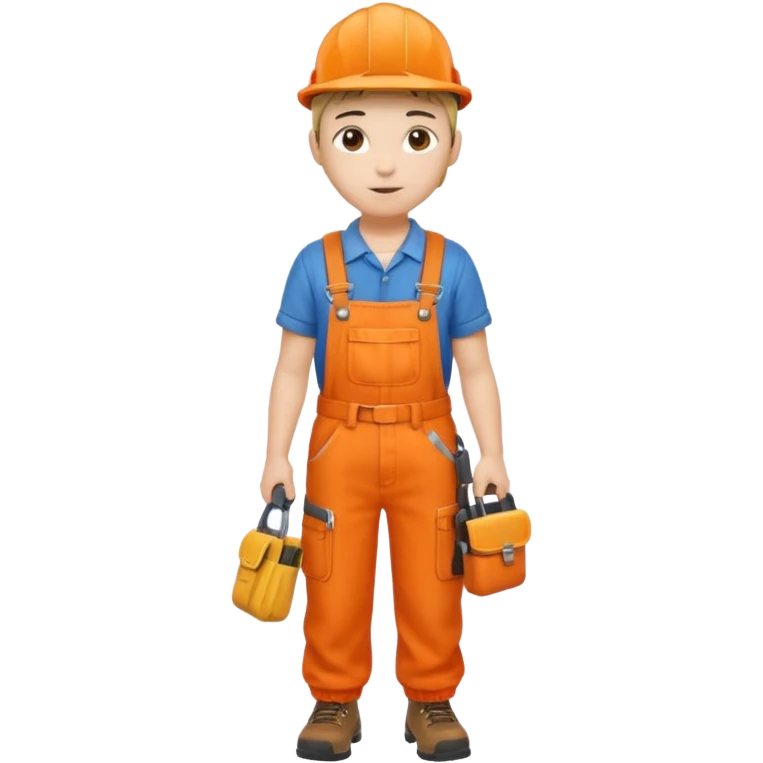 Repairs and Maintenance, Young, tools belt, wearing orange overalls, a cap and having tool belt, full body emoji