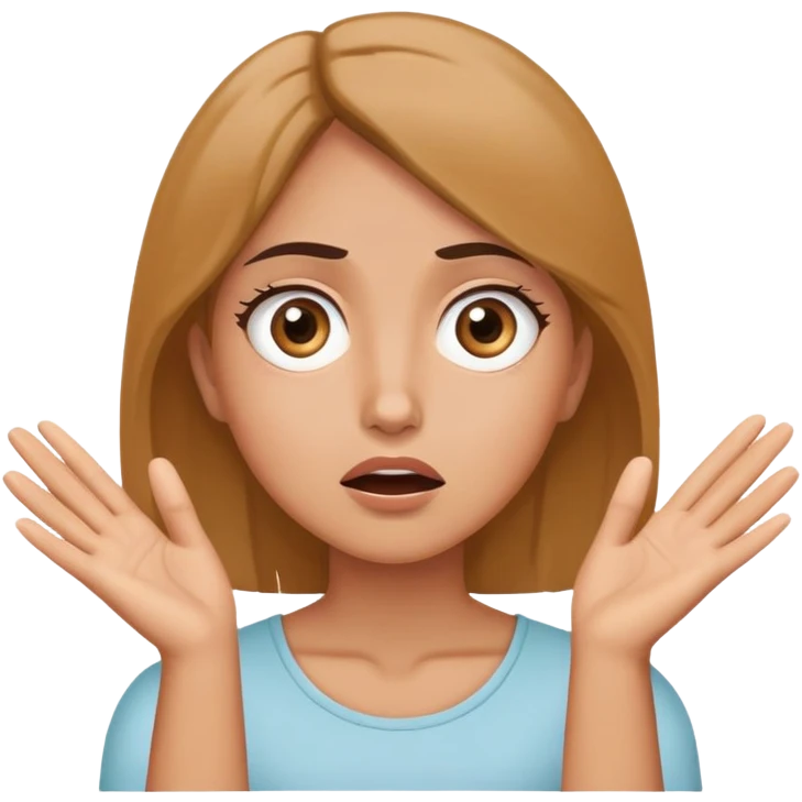 Woman with wide eyes and confused expression, hands raised by face emoji