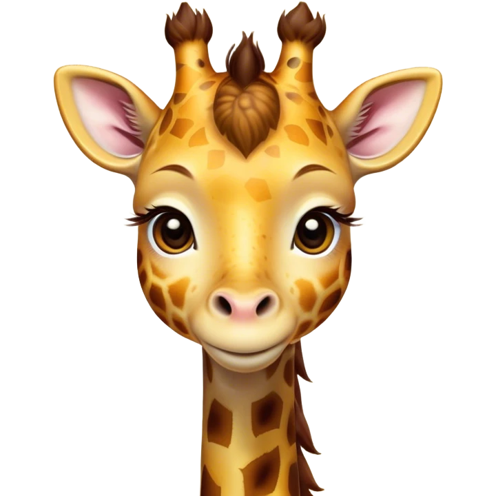 Cinematic Cute Giraffe Portrait Emoji, Head tilted playfully and inquisitively, featuring a glossy, patterned Fur of warm yellows and browns with delicate white spots, round, sparkling eyes filled with curious wonder, Simplified yet irresistibly adorable features, highly detailed, glowing with a warm, friendly glow, high shine, affectionate and gentle, stylized with a touch of savannah whimsy, bright and endearing, soft glowing outline, capturing the essence of a mischievous yet loving giraffe, so playful it feels like it could gallop out of the screen and into your arms! emoji