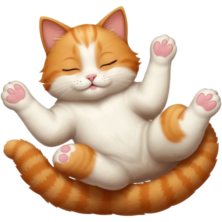 ginger and white small cat eyes closed lying down upside down with paws stretched out in different directions emoji