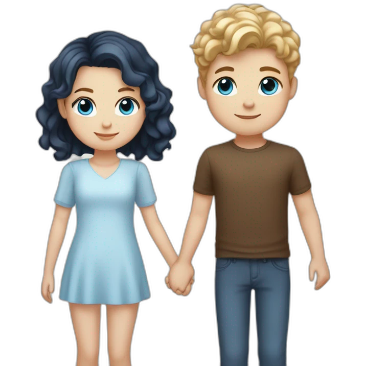 Girl with blonde wavy hair and blue eyes holding hands with brunette short haired boy with white skin and brown eyes emoji