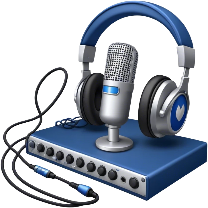 Create a sleek and professional emoji that represents voice acting and dubbing equipment. The design should feature a high-quality microphone, a sound mixer or audio interface, and headphones to symbolize the recording and technical process. Include elements like a soundproof booth or audio cables to reflect the studio environment. Use a modern, clean design with colors like silver, black, and dark blue to represent the professional side of voice acting. The background should be transparent. emoji