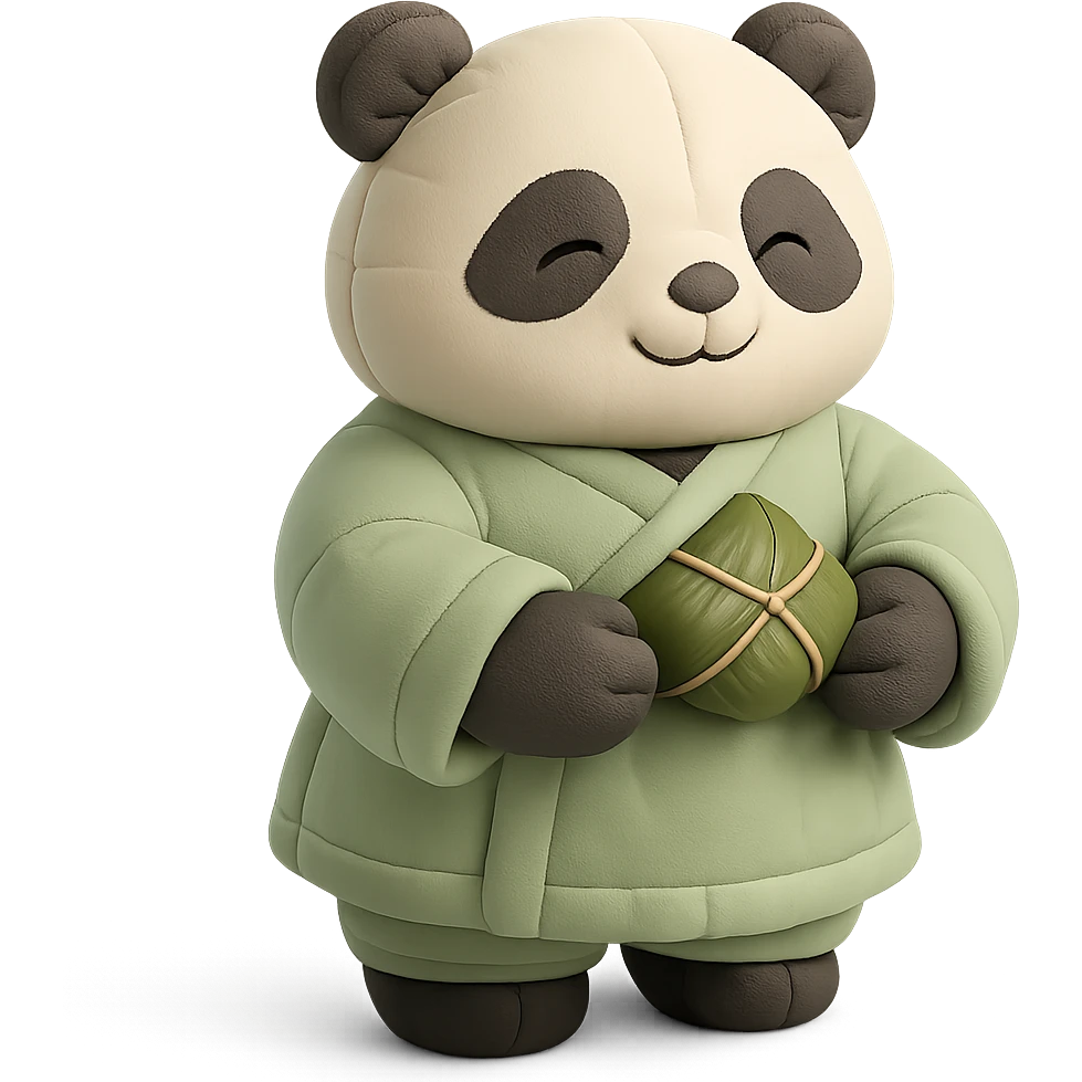 a panda wearing light green Hanfu, holding zongzi with both hands, standing and smiling, full body standing posture, Chinese style, soft color tones emoji