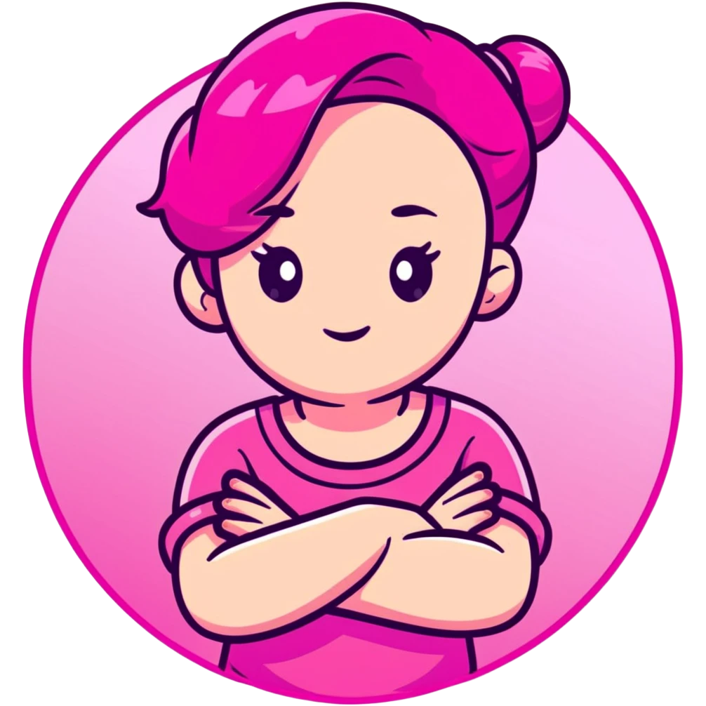 Shy girl character with arms crossed, transparent glass style, bright pink gradient, soft shadows and highlights, minimalist cute design emoji