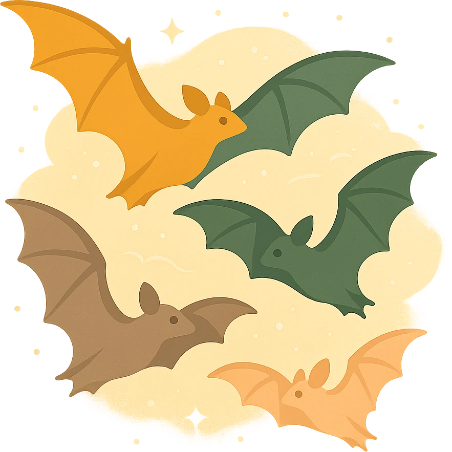 A group of flying bats in mid-air, illustrated in a stylized, artistic way using a warm, earthy color palette: golden orange (FA9B41), deep forest green (4A7C5C), muted taupe brown (96775A), and soft pastel peach (FFCC9A). The bats have sleek wings with subtle color gradients, and their bodies are small and streamlined, featuring elegant silhouettes. The sky around them has a magical, twilight glow with faint sparkles or mist, enhancing the enchanted atmosphere. The overall style is whimsical and soft, with a balance between natural and fantastical elements. emoji