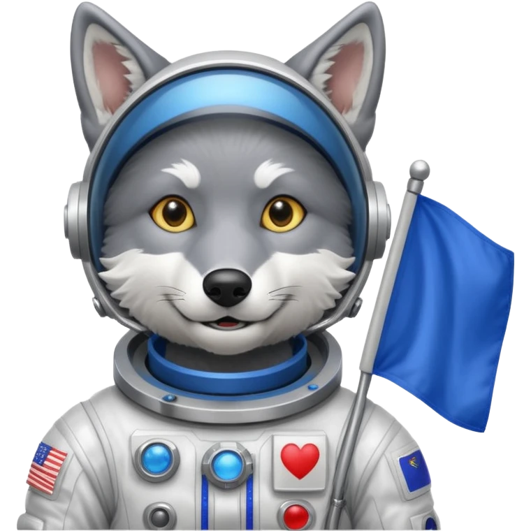 a wolf in space suit, holding blue rectangle flag emoji