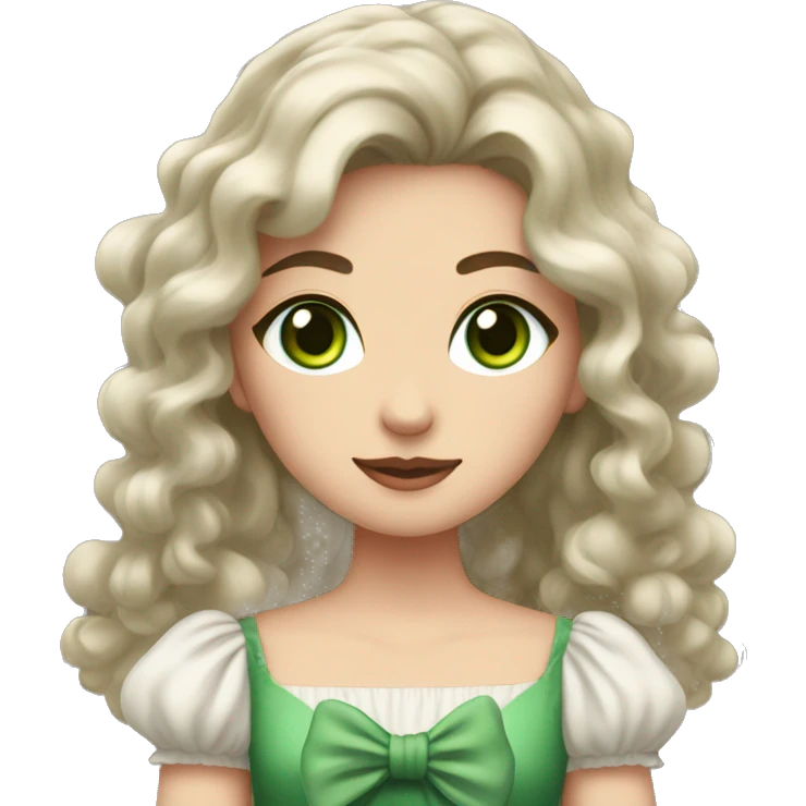 A woman with fair skin and green and eyes, brown long wavy hair, dressed in a dress with fluffy sleeves, holding a bow for shooting emoji