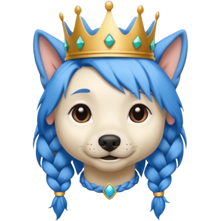 blue haired dog with braided hair and a crown emoji