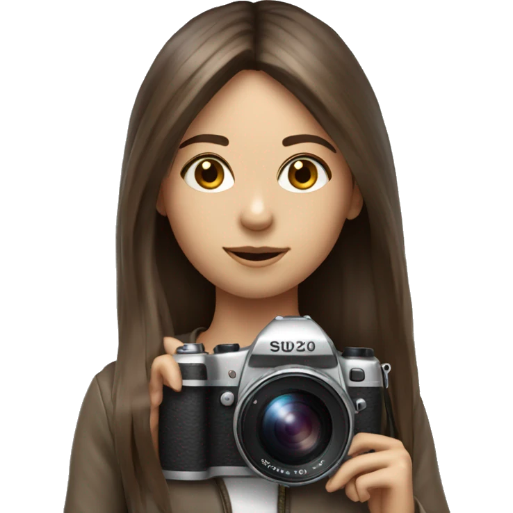 Realistic camera girl with camera and brown long hair and a fringe emoji