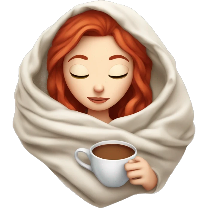 white girl red hair inside a blanket sipping coffee eyes closed emoji