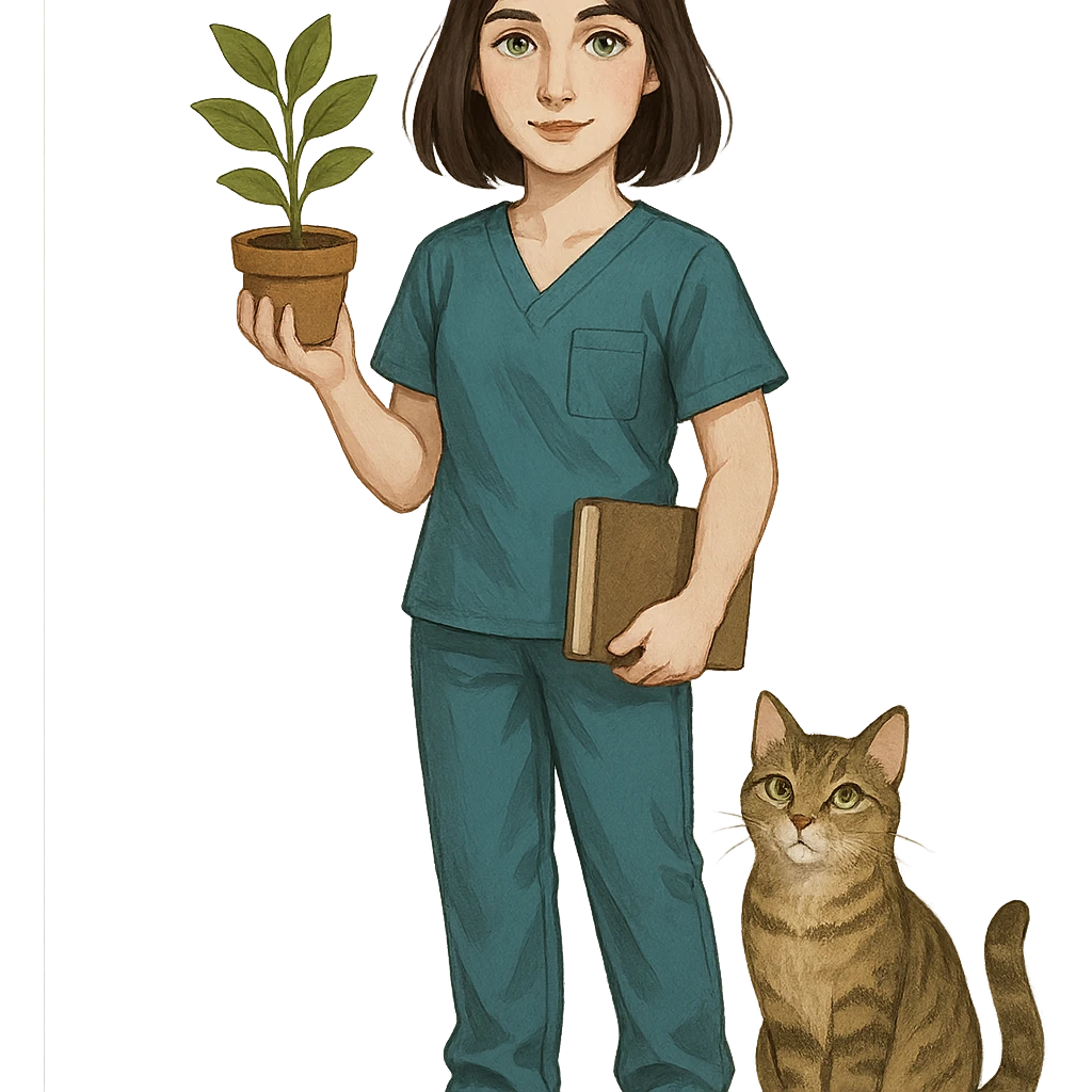 woman with shoulder-length brown hair, pale skin, gray eyes, wearing scrubs, holding a plant in one hand and a book in the other, cat nearby emoji