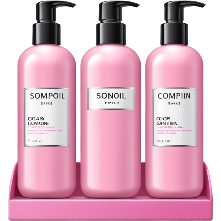 products on a shelf, there are Shampoo bottle, color tube, and conditioner on a pink shelf, the products are luxury brand-labeled and have nice packaging emoji
