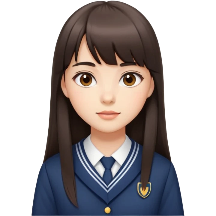 Attractive female student with long straight dark brown hair with bangs, beautiful school uniform, subtle makeup emoji