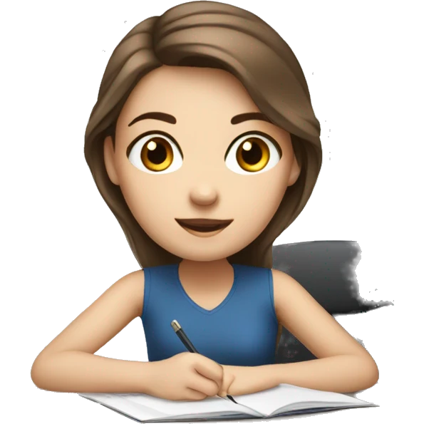 white girl studying at desk, brown hair, blue eyes, computer emoji