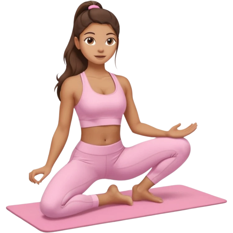 A tanned girl with long brunette hair in her 20’s doing Pilates wearing a ALO baby pink workout set  emoji