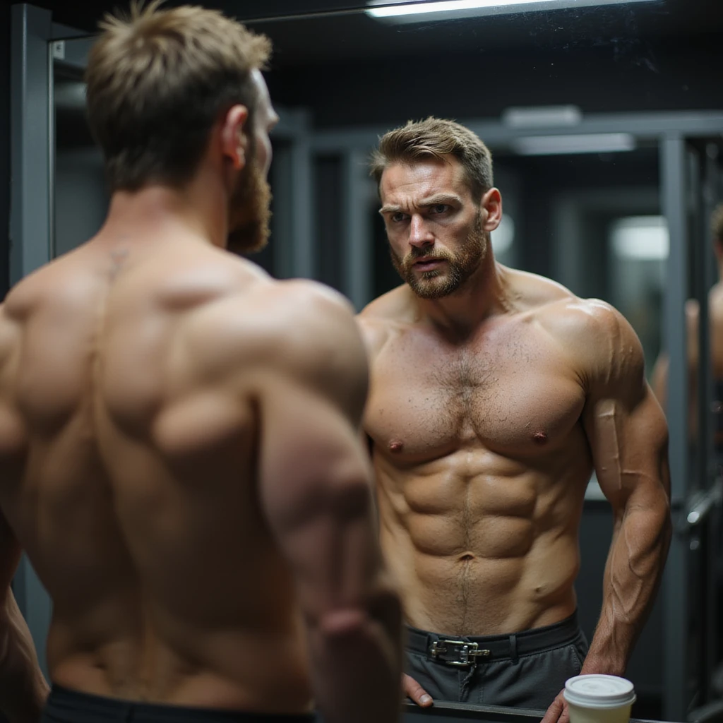 realistic male bodybuilder in definition phase, shirtless in front of mirror, observing reflection with frustrated expression, less full muscles, visible veins, gym with soft lighting, protein shaker on bench emoji