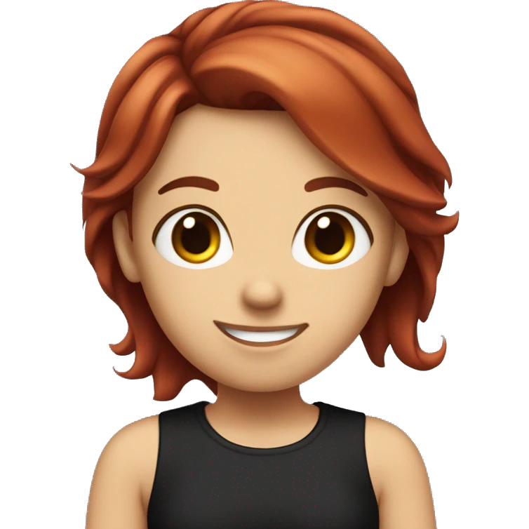 dark red hair girl, with a black tshirt, medium size eyes and a smile emoji