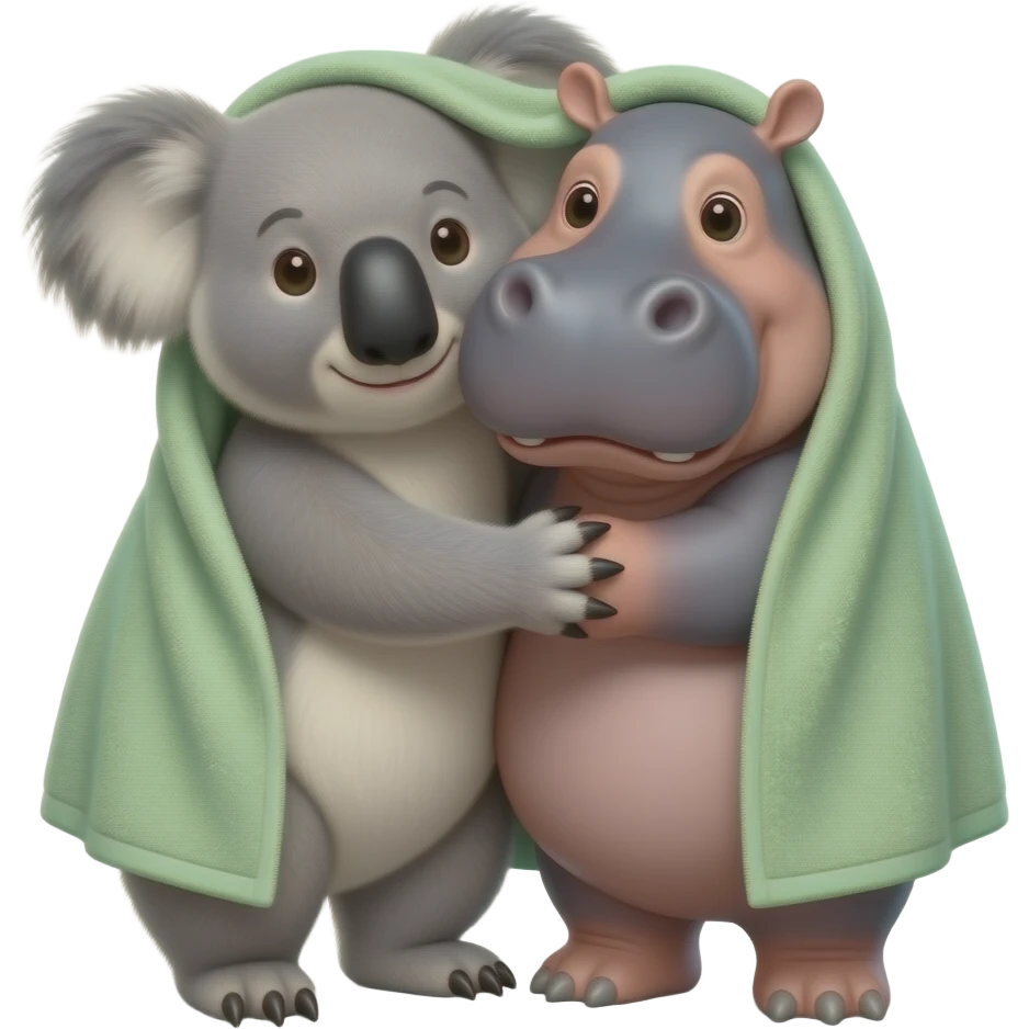 koala and hippo hugging under light green towel  wrapped around them  realistic emoji not cartoon real image towel wrapped around body emoji