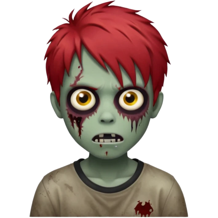 Boy, zombie, red hair, medium short, emo, shaggy, dark, spooky, creepy expression emoji