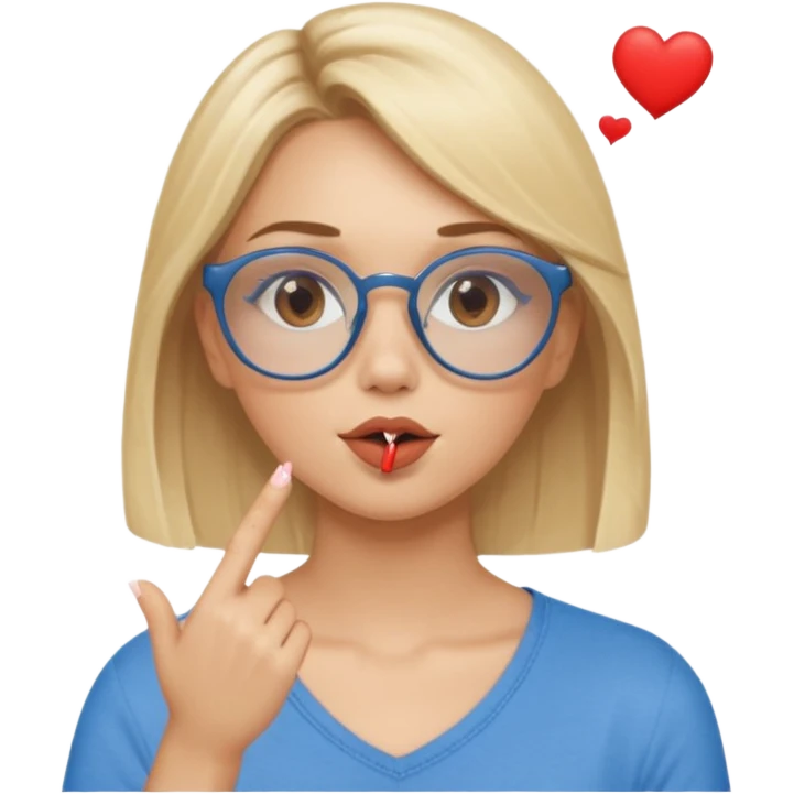 Asthectic Blonde women with brown eyes, blue glasses, waering a brown top, blowing a kiss with a small heart around her. emoji