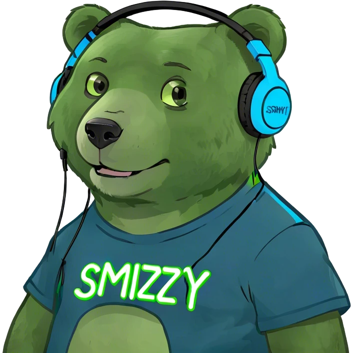 blue neon bear wearing gaming headset and hsirt that says SmiZZy emoji