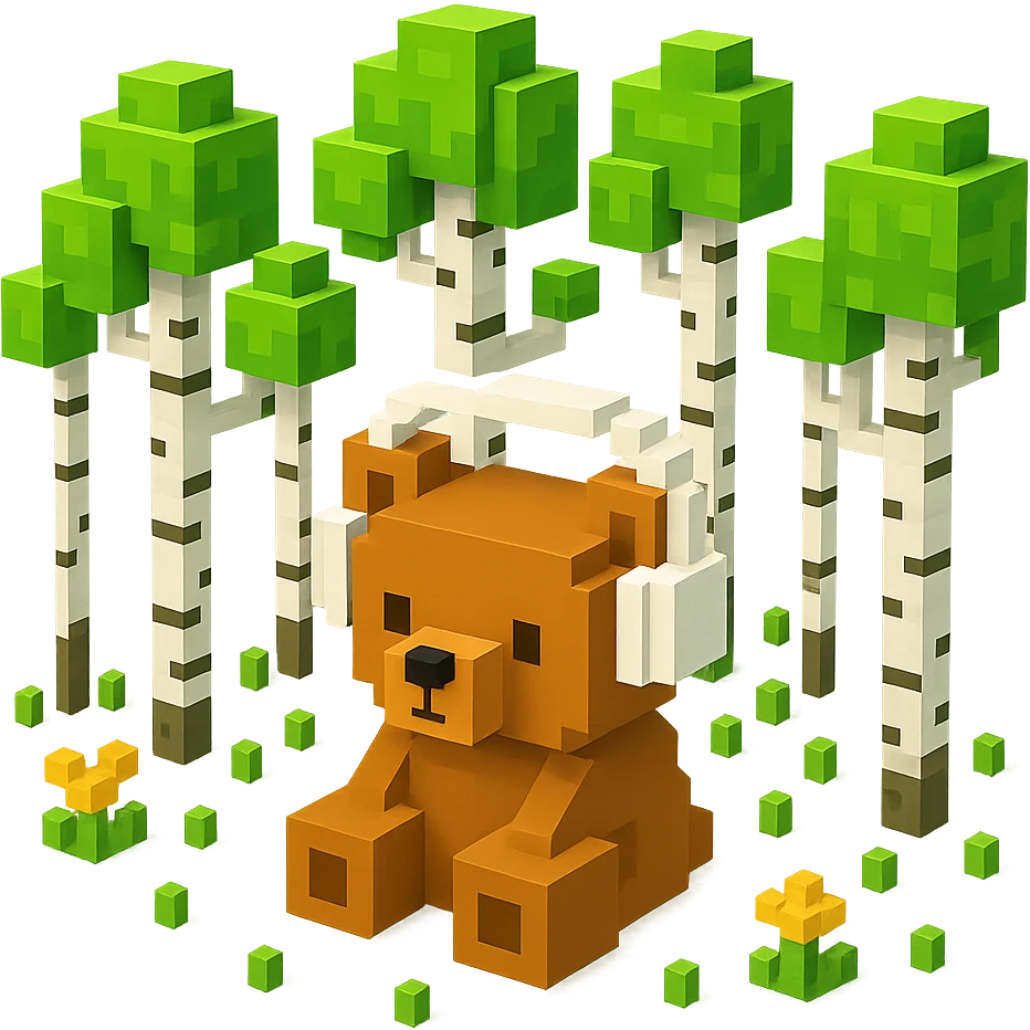 березовый лес, в котором сидит бурый медвежонок в белых наушниках, no background  emoji