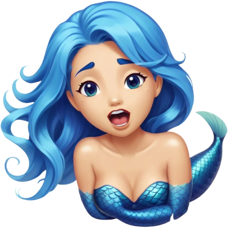 Cinematic Realistic Blue Hair Mermaid Portrait, head tilted slightly with a dramatic, wide-open yawn, revealing a tender, relaxed visage with intricately detailed, tanned skin and vibrant, cascading blue hair softly billowing around her. Her dreamy eyes exude a serene, aquatic charm, rendered with gentle underwater lighting and a soft, high-shine finish that captures the essence of a drowsy yet captivating mermaid drifting into tropical slumber. emoji