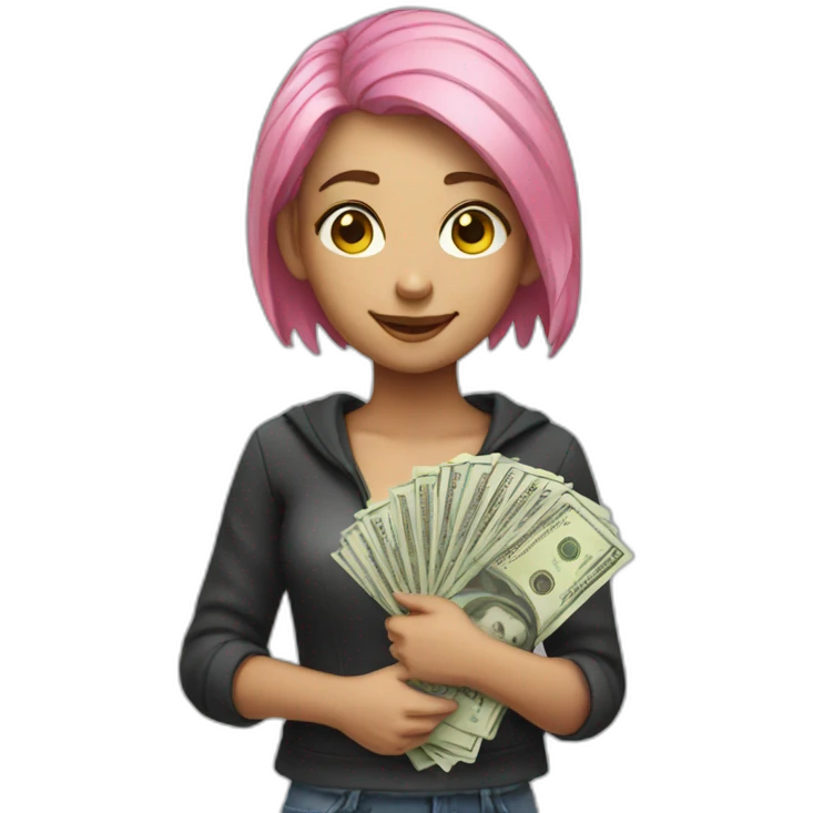 girl with pink hair holding cash emoji