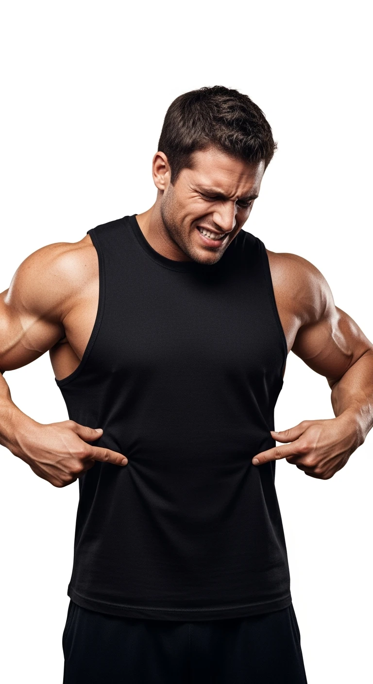 BODYBUILDER CHE SI INDICA I FIANCHI CON ESPRESSIONE AFFLITTA, ISOLATO SU SFONDO BIANCO, IPERREALISTICI 4K emoji