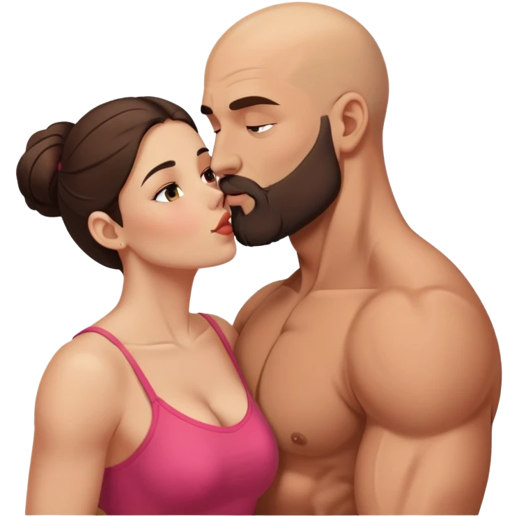 Muscular Bald man with a beard passionately kissing his young brunette wife  emoji