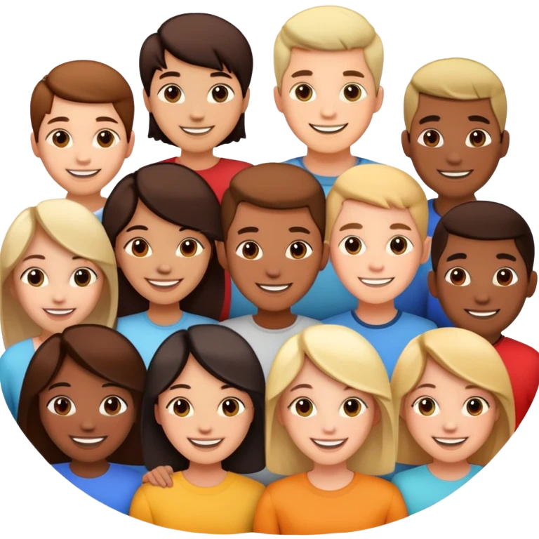 Diverse group of people standing together in a circle, happy faces emoji