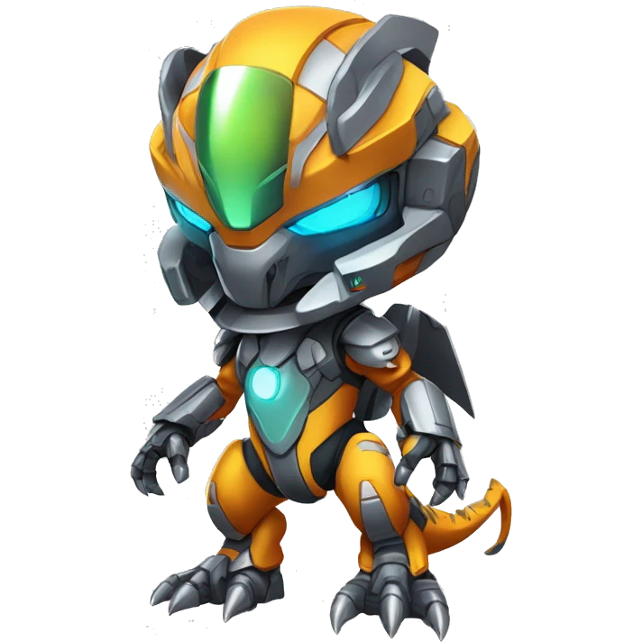 Colorful Edgy Chibi Greymon-Velociraptor-Genesect-Fakémon-Pokémon wearing a with a futuristic visor-helmet And Mecha-suit Full Body emoji