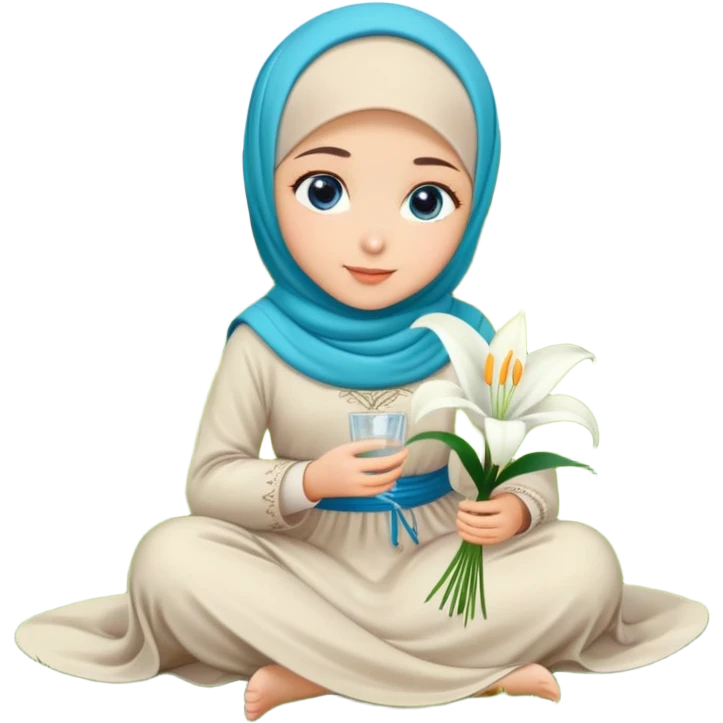 Turkish beautiful finish Konya girl blue eyes with lily flower hijab long tail dress and sits on the grass on the ground and hold lily flower on hand  emoji