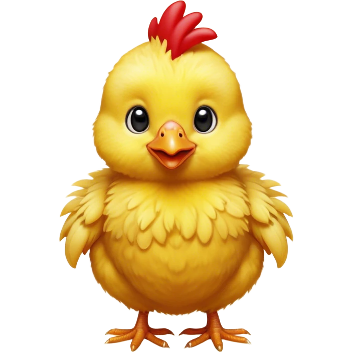 Cinematic Cute Yellow Baby Chicken Portrait Emoji, Head tilted playfully and inquisitively, featuring a fluffy, vibrant yellow downy coat with a tiny red comb, round, sparkling beady eyes filled with curiosity, Simplified yet irresistibly adorable features, highly detailed, glowing with a warm, friendly glow, high shine, affectionate and lively, stylized with a touch of playful whimsy, bright and endearing, soft glowing outline, capturing the essence of a mischievous yet loving chick, so playful it feels like it could peep out of the screen and into your arms! emoji