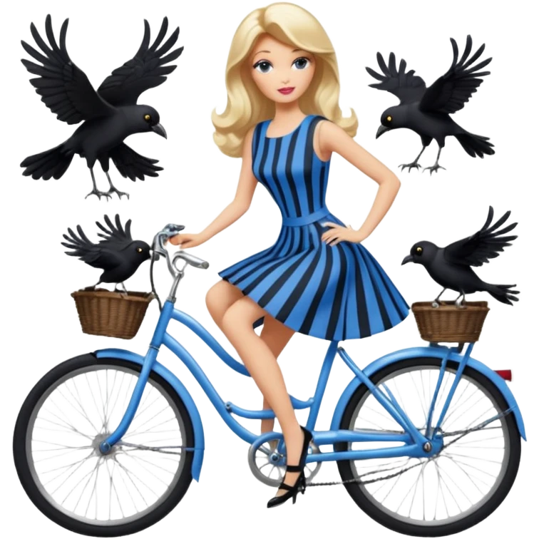 Blonde Silkstone Barbie enid sinclair from academy in blue and black vertically-striped classic dress riding bikes with crows emoji