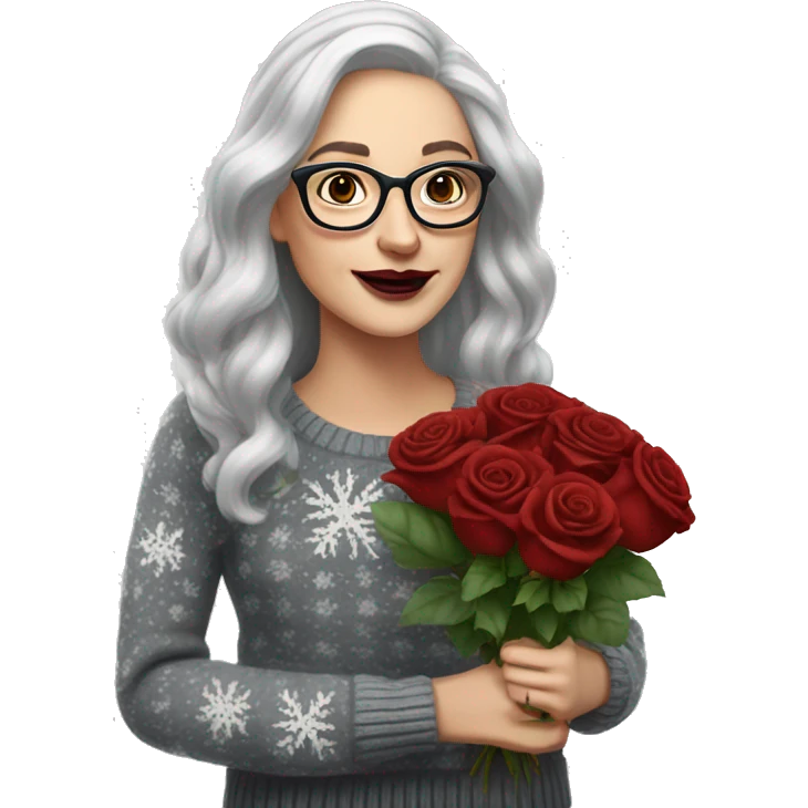 Attractive Caucasian woman with long grey hair, wearing wire frame glasses, dark red lipstick, and a christmas sweater, holding a bouquet of roses emoji