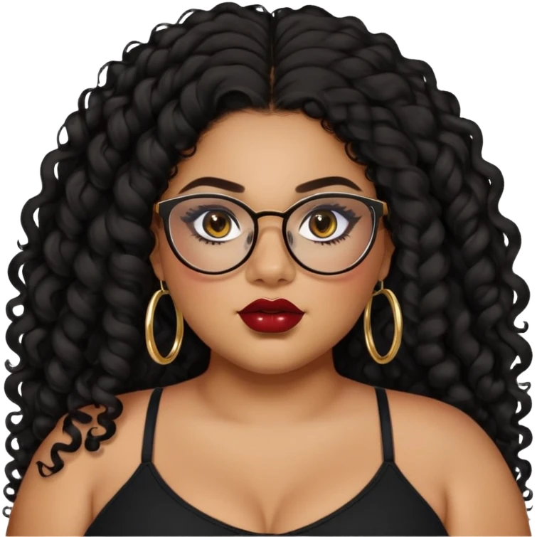 teen big plus size, latina, darker tan skin, gold hoops, long black curly hair, baddie,pretty, makeup, dark red lipgloss, black eyeliner, long hair, black top, black glasses emoji