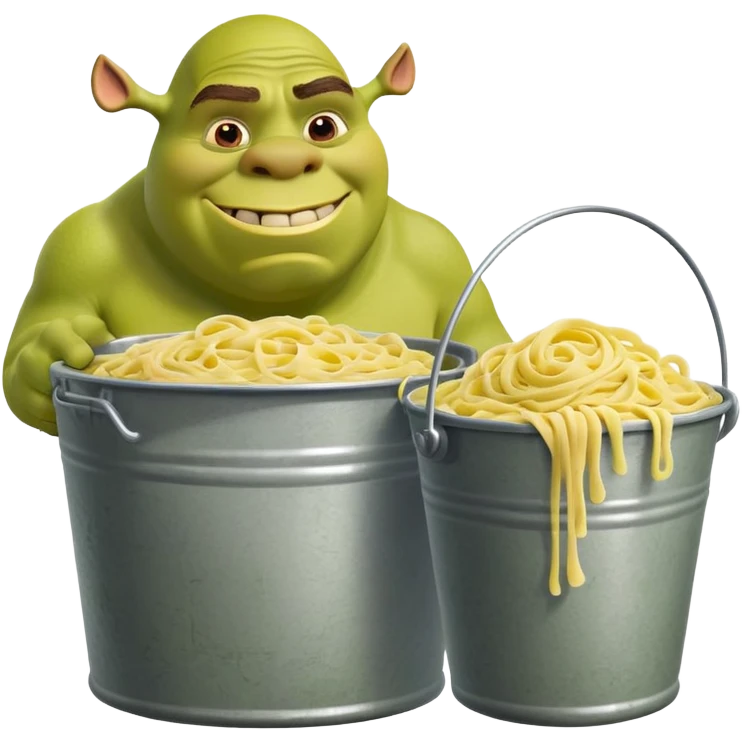 Shrek the green ogre holding a huge oversized bucket overflowing with carbonara pasta emoji