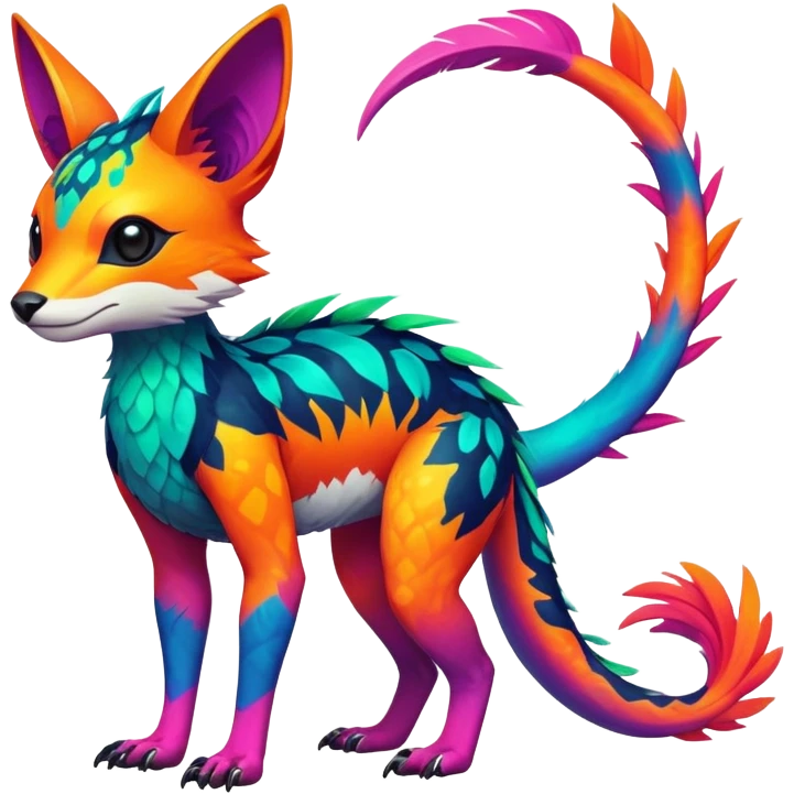 Rare realistic exotic edgy epic cute neon colorful tropical lush vibrant pretty beautiful handsome gorgeous aesthetic colorful vibrant Vernid-Trico-species-Fakemon-creature by LiLaiRa, 4 legs, 1 tail, random markings, (full body) emoji