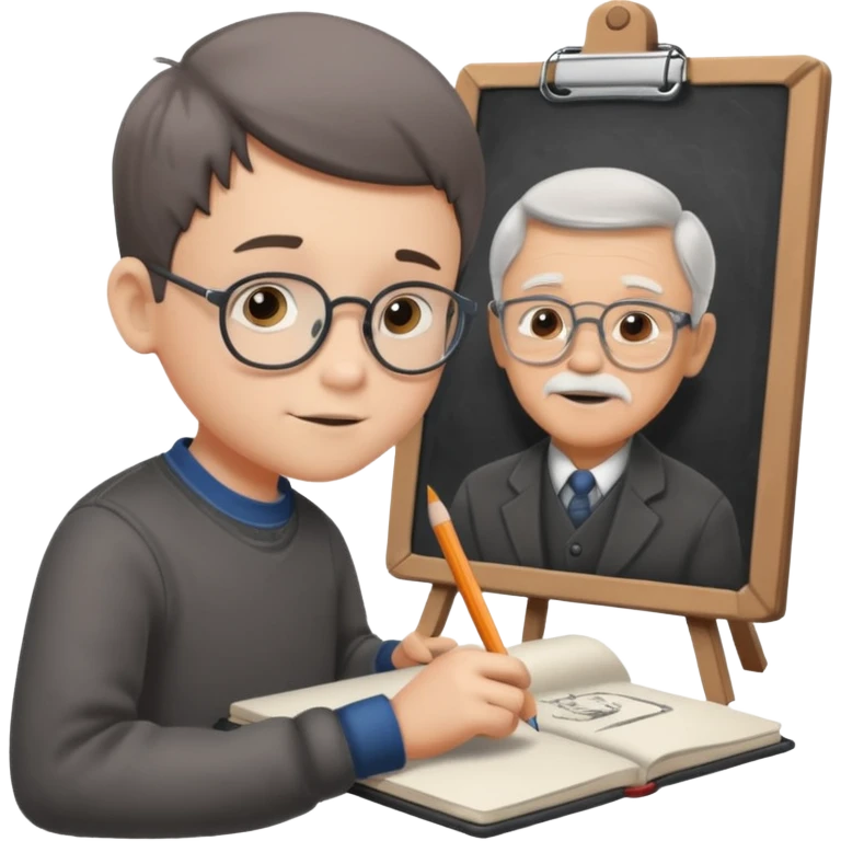 boy ,drawing pic of grandpa on the notebook, characoal emoji