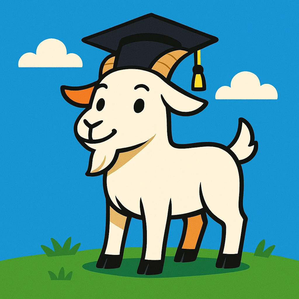 cute white goat with black graduation cap, standing on green grass under bright blue sky, proud and confident expression, cartoon style emoji