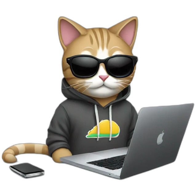 Cat wearing hoodies and sunglasses and working on a MacBook Pro  emoji