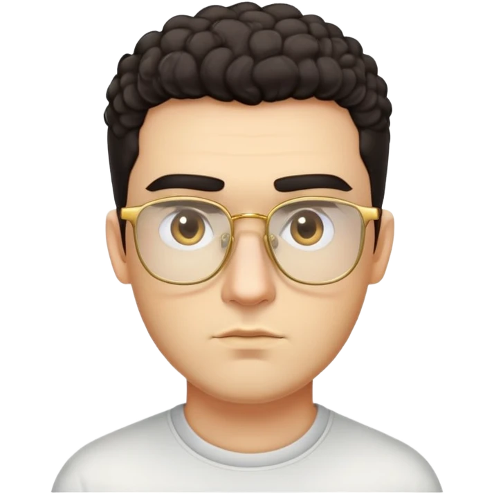 Man with square face, thick straight eyebrows, very short curly dark hair with fade on sides, light facial scruff, serious neutral expression, wearing large square golden glasses emoji