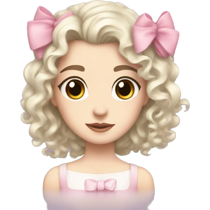 pale skin curly black hair brown eyes pink bow emoji