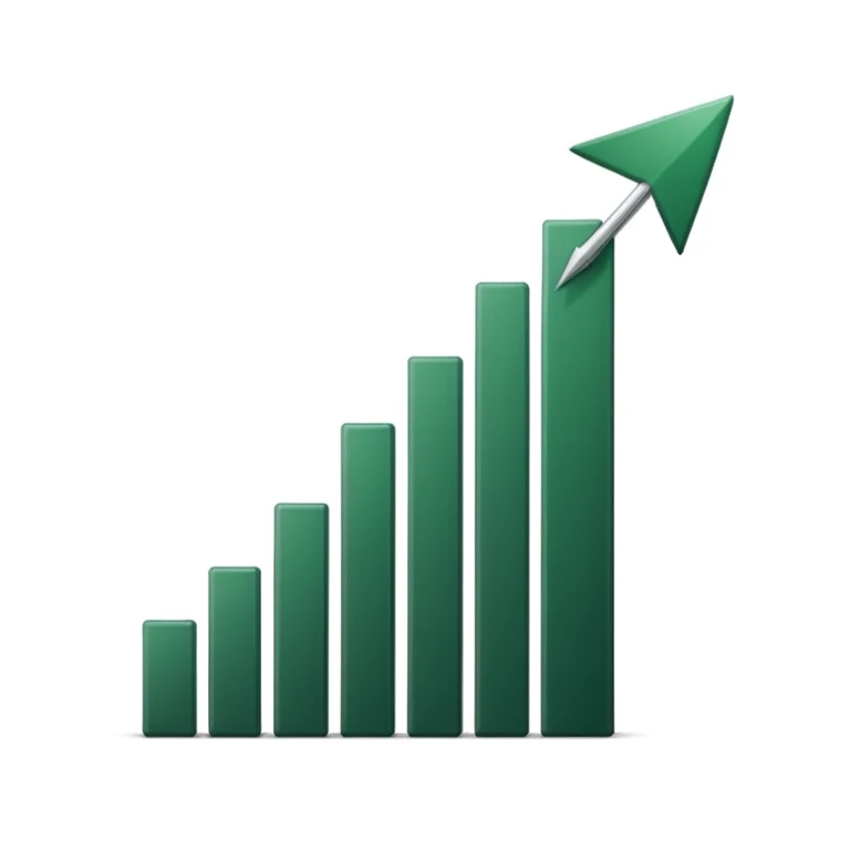 growth chart with white bars with dark green shadows and details, dark green arrow, minimalism, iOS emoji style, no smileys or faces, white background emoji
