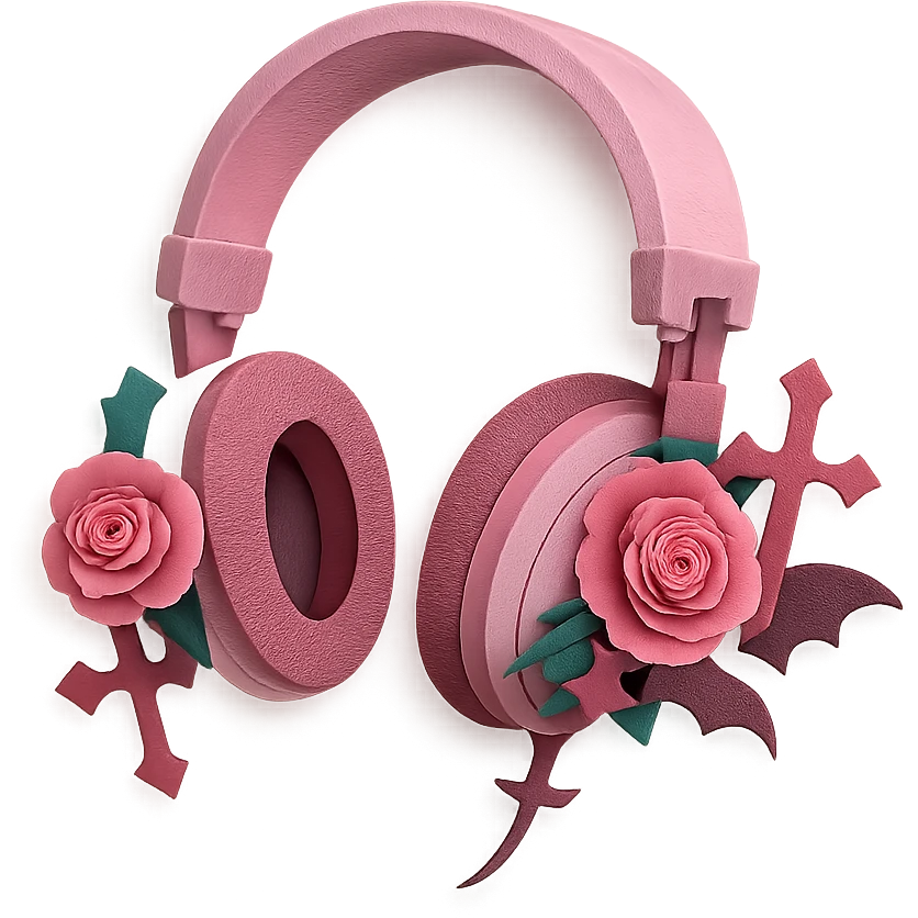 pink gothic headphones with layered paper roses and gothic motifs emoji