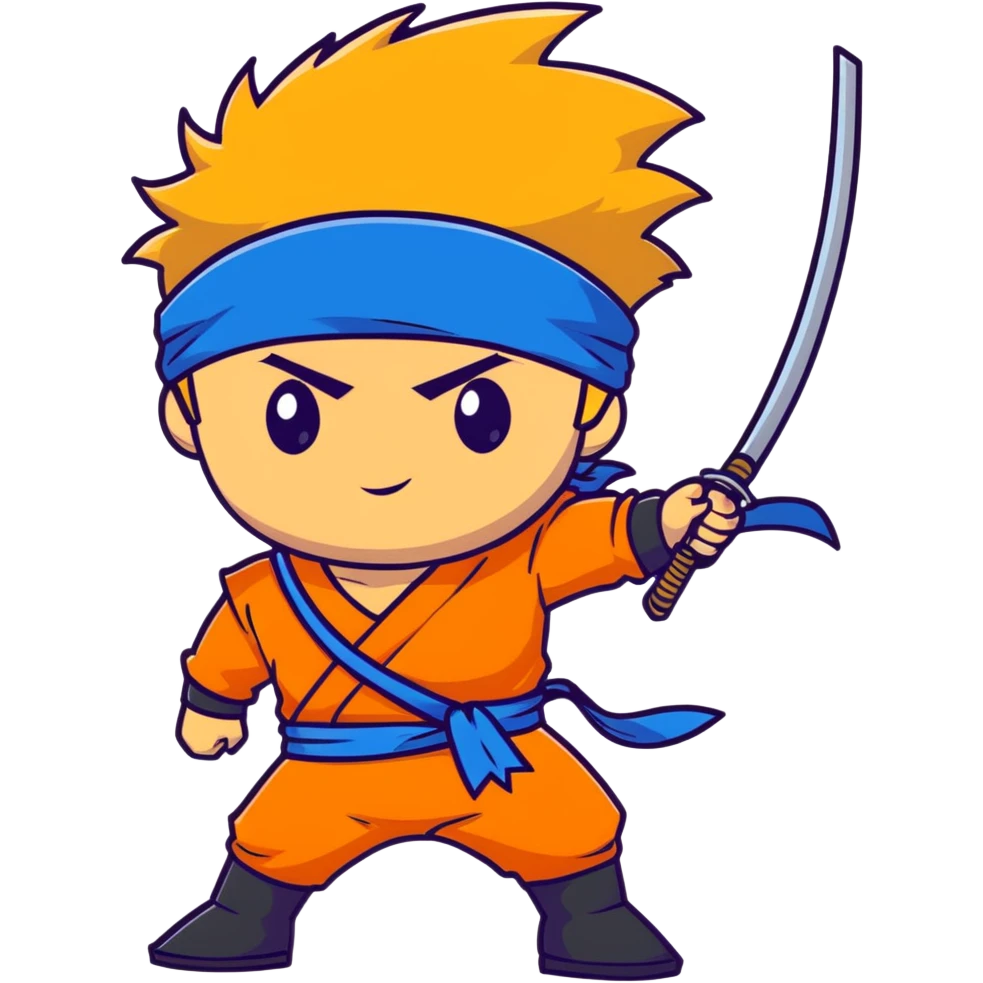 A blonde ninja boy with spiky hair, whisker marks on cheeks, orange outfit, and blue headband with metal plate emoji
