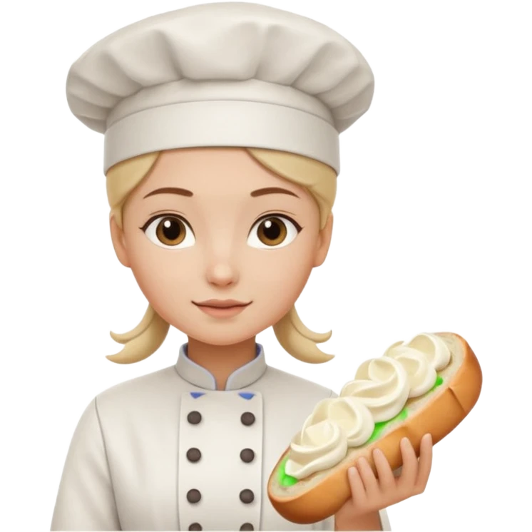 Young female baker - white chef hat, holding cream piping bag to milk oil on bread emoji