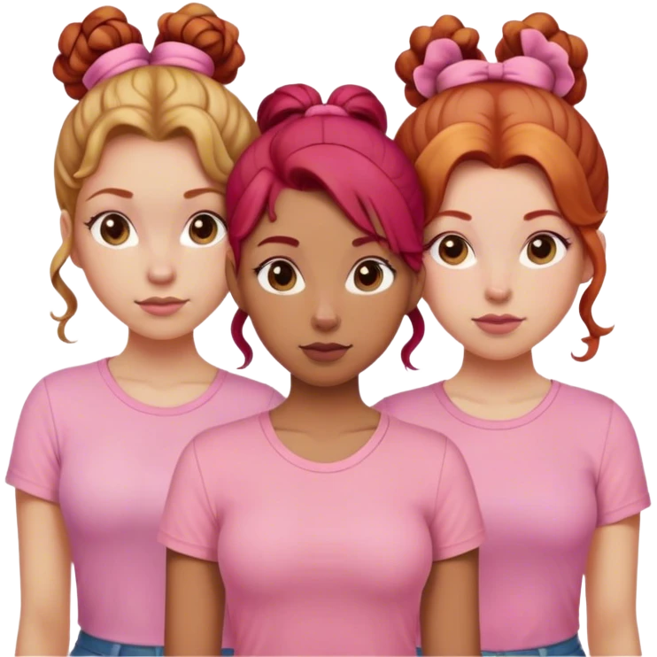 Three sisters one of them have red hair with buns. One of them have dirty blonde hair with ponytail. One of them have white curls with brown hair and they are all wearing pink shirts emoji